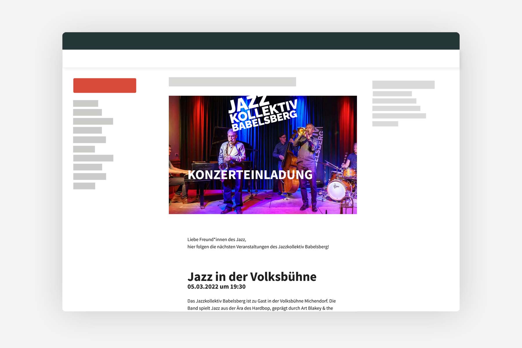 Konzerteinladung des Jazzkollektiv Babelsberg - Newsletter designed von flingodesign